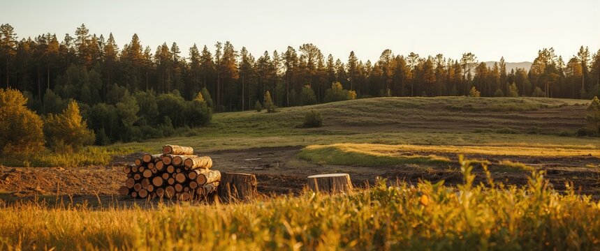 An untouched clear area with new Aspen logs and stumps, photographed in Estonia, Northern Europe