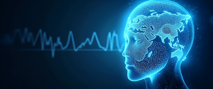 Futuristic digital head with glowing map and data streams, gently pulsating as camera smoothly pans, illustrating artificial intelligence and global connectivity in a cinematic style.