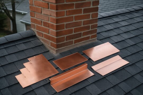 Copper chimney flashing components arranged on an asphalt shingle roof beside a brick chimney, long-term roof protect
