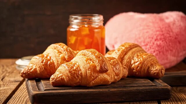 A close-up shot of three beautifully golden and flaky croissants resting elegantly on a rustic wooden cutting board. In the softly blurred background, a glass jar filled with glistening orange fruit j