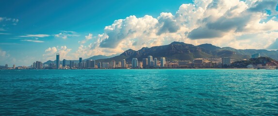 Urban and Ocean backdrop featuring water, sky, summer, nature, city, landscape, buildings, sea, and architecture