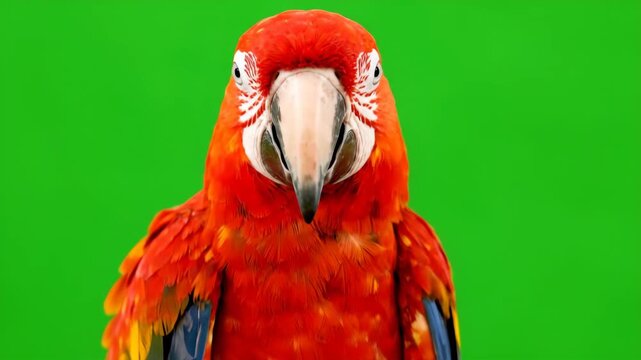 Closeup portrait of a colorful Scarlet Macaw parrot against a bright green screen background