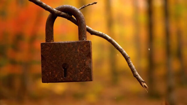 A rusty padlock hangs from a branch against a blurred autumn forest background. A dry maple leaf briefly appears near the lock, fluttering and falling away, highlighting the passage of time.