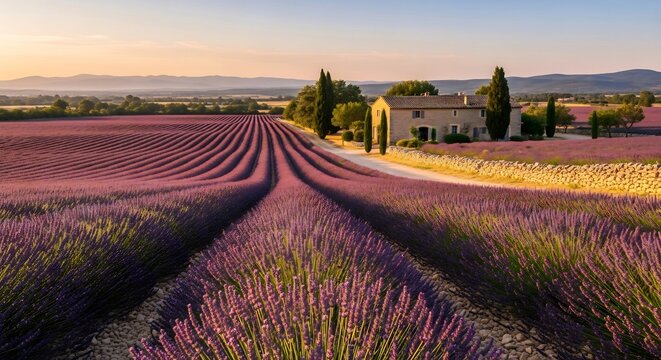 Valensole Lavender Fields at Golden Hour &mdash; Panoramic Provencal Landscape, France