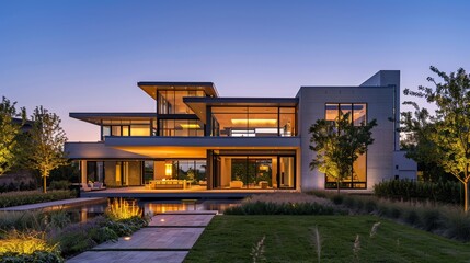 Modern luxury villa exterior with garden and ambient evening lighting