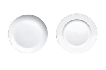 Empty white ceramic round plate isolated on white background. top view.