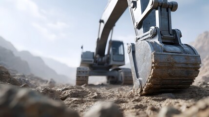 Detailed shot of an industrial excavator in a barren landscape its massive bucket poised over loose earth with tracks resting on the rough terrain under a bright sky