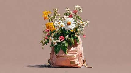 Backpack overflowing with vibrant wildflowers against a soft brown backdrop.