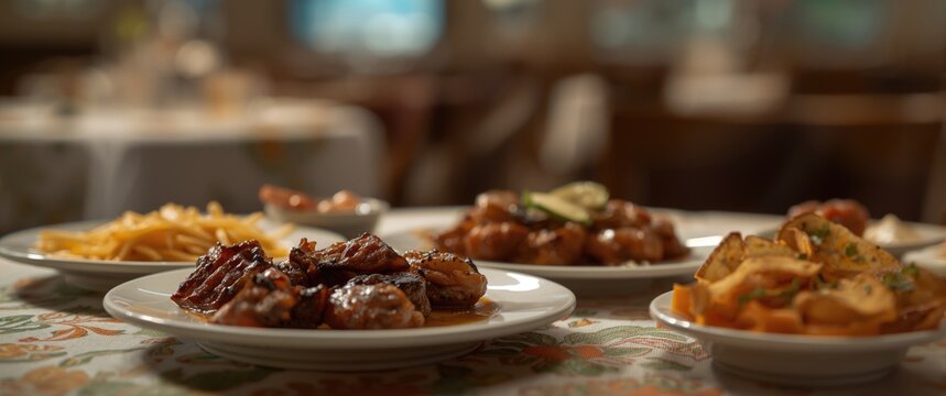 Dinner featuring tasty resoles with a blurred background