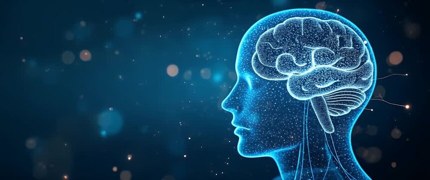 Futuristic digital brain illustration pulses with energy, as the camera smoothly tracks, while ambient particles swirl in a mesmerizing, cinematic display of artificial intelligence and innovation.