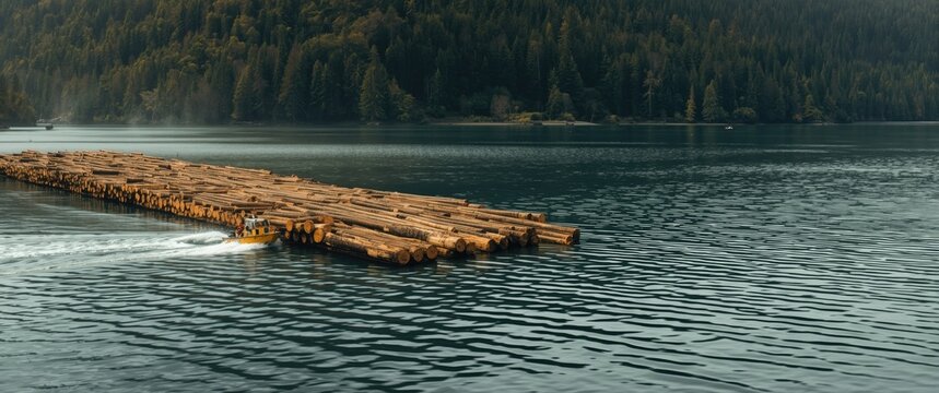 Logging activity on the log boom involving water, wood, industry, boat, yellow, timber, coast, coastal, forestry