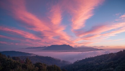 Fototapeta premium Serene view of pink clouds drifting above the coastline of the Basque Country, atmospheric change