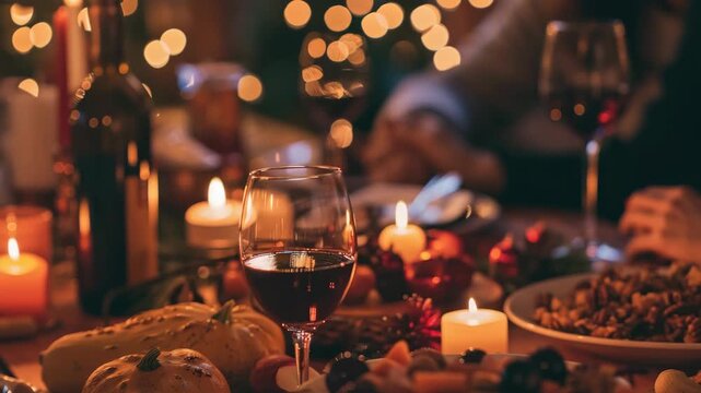 A festive gathering at a table filled with food and wine, set against the soft glow of candles.