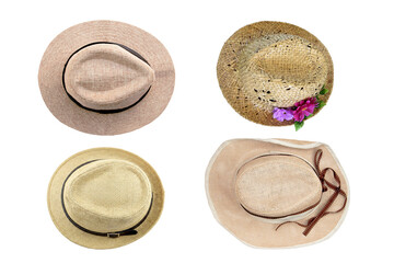 collection of top view straw hat isolated on white background