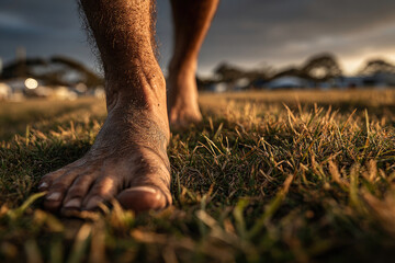 Barefoot walk on grass at sunset grounding concept.
