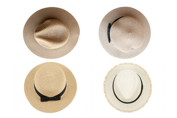 Top view vintage pretty straw hat isolated on white background