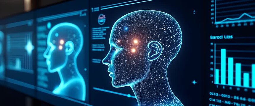 Futuristic digital head profiles gliding across a high-tech interface, with dynamic data graphs animating in the background and a slow, cinematic camera pan enhancing the technology theme.