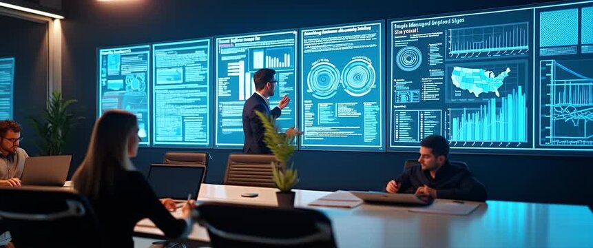 Business professionals collaborate in a modern conference room, animated data visualizations on digital screens; the camera slowly pans, capturing dynamic teamwork in a cinematic style.