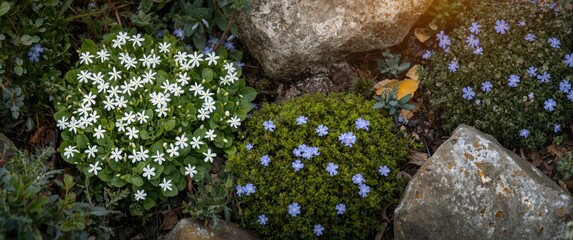 Garden scene featuring Saxifrage arendsii Snow Carpet, violet moss phlox, and forget-me-nots growing among stones