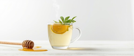 White background featuring ginger tea with lemon, honey, and mint