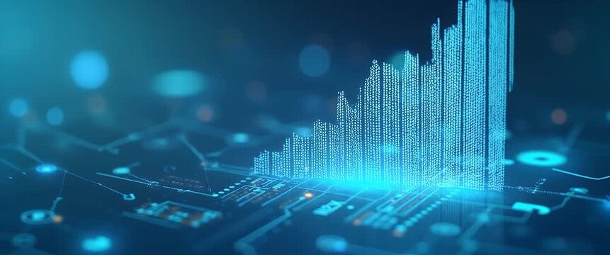 Futuristic data visualization emerges with digital graphs rising dynamically, while the camera executes a slow pan; ambient blue lights flicker in a cinematic, tech-inspired scene.