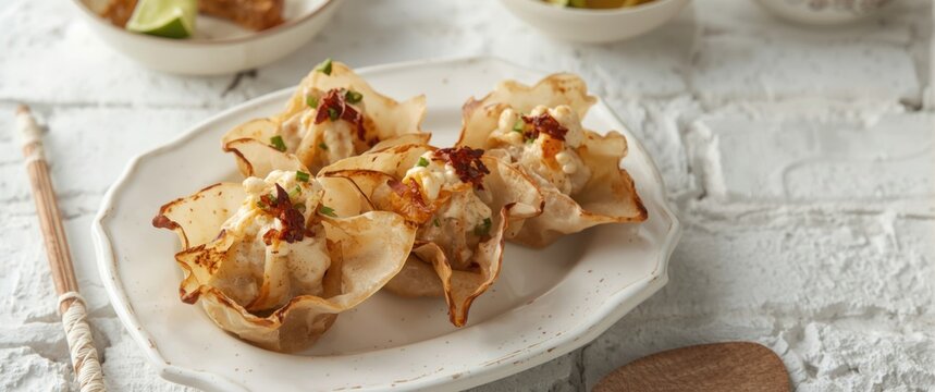 Crab Rangoon served against a white brick backdrop