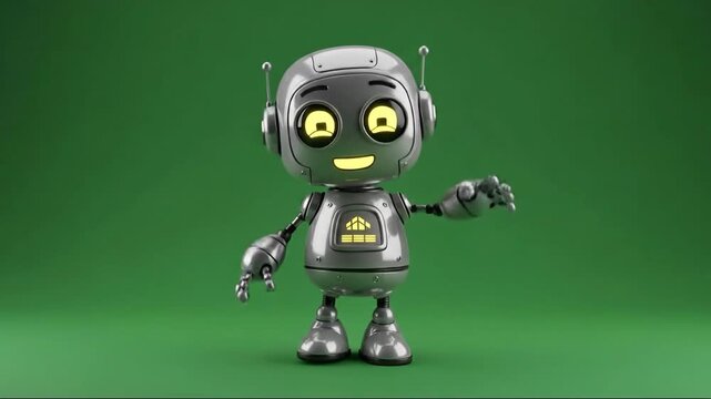 Cute cartoon robot waving hello with a friendly smile and glowing yellow eyes on a green background.
