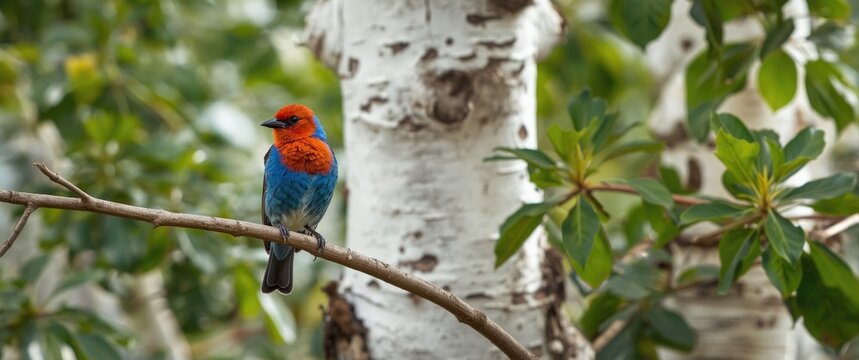 Vibrant blue bird with red hair on a branch