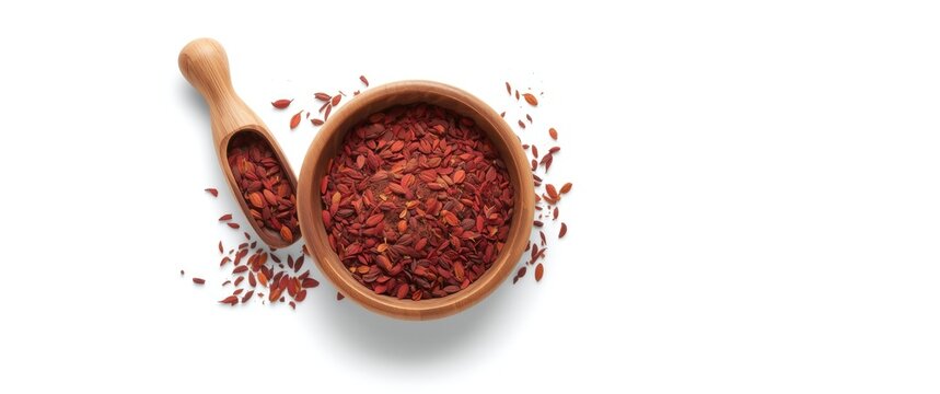 White background with Rooibos tea in bowl and scoop isolated