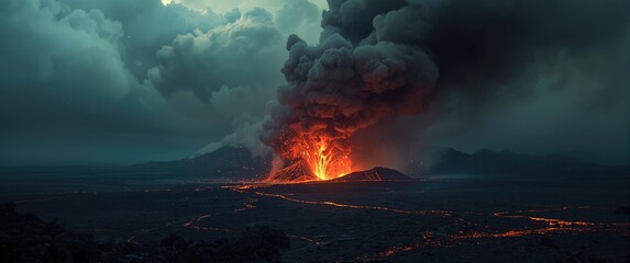 Erupting active volcano with smoke, ash clouds, and streaming lava in a perilous environment