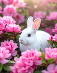 A fluffy, white rabbit is nestled amidst vibrant, blooming pink flowers, bathed in soft, warm sunlight, creating a serene springtime scene