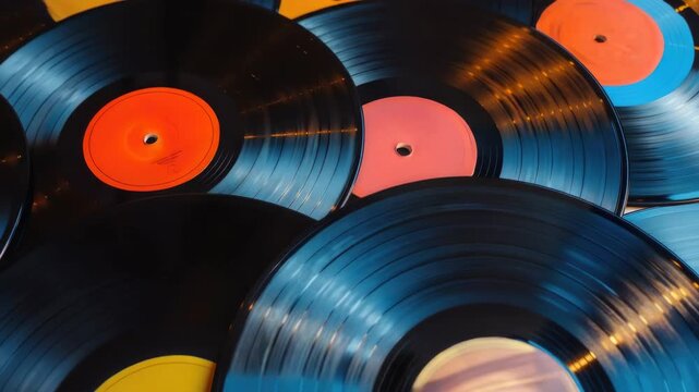 A collection of vintage vinyl record albums with colorful inner sleeves and center labels.