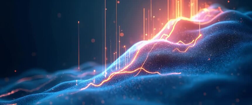 Cinematic waves of digital data pulse with vibrant energy, as the camera smoothly pans across a dynamic, glowing landscape, evoking innovation and technology advancement.