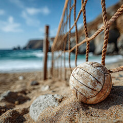 Beach volleyball on a sandy shore with a weathered net.