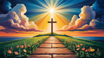 A serene pathway to the cross at sunset