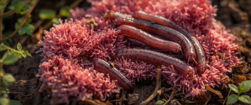 Nature wildlife macro image of earthworms in mold highlighting fauna, animal, and pink earth in a natural setting