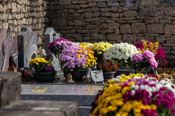 Cimeti&egrave;re avec des s&eacute;pultures couvertes de fleurs fraiches &agrave; l'occasion de la Toussaint. France