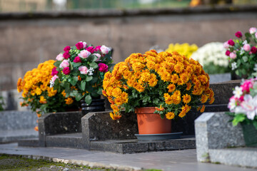 Gros bouquets de fleurs fraiches et multicolore d&eacute;pos&eacute;s sur les tombes dans cimeti&egrave;re &agrave; l'occasion de la Toussaint. France. Cela rend hommage au d&eacute;funt et t&eacute;moigne de l'attachement et du respect.