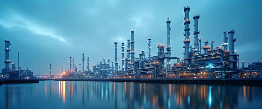 Cinematic view of an industrial refinery at dusk with flickering lights reflecting on still water; the camera pans slowly, capturing the urban skyline against a vibrant, moody sky.