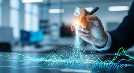 Businessman drawing a glowing rocket launch with data waves, symbolizing business growth and startup success.