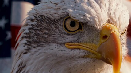 Close-up of a bald eagle with an American flag backdrop, symbolizing patriotism. Captured from a low angle, ideal for a dramatic video scene.