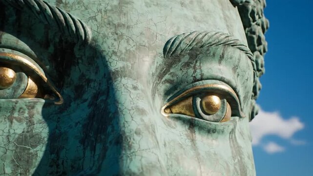 Detailed Monumental Verdigris Sculpture Face Featuring Ornate Gold Highlights Against a Pristine Azure Sky Displaying a Serene Expression of Ancient Artistic Mastery