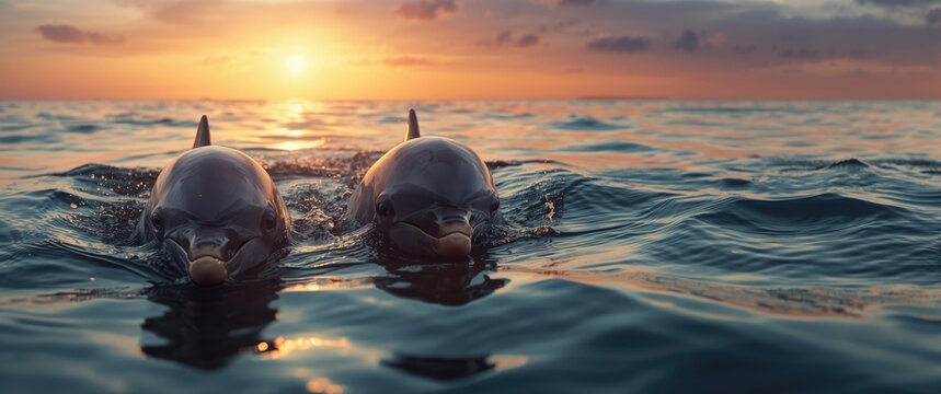 Golden sunset water with two graceful dolphins