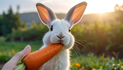 A fluffy white rabbit, with large ears, is eating a bright orange carrot held out by a human hand in an outdoor setting at dusk