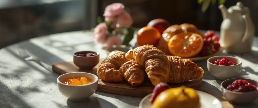 Delightful morning meal with croissants, orange, and raspberry jam - Powered by Adobe