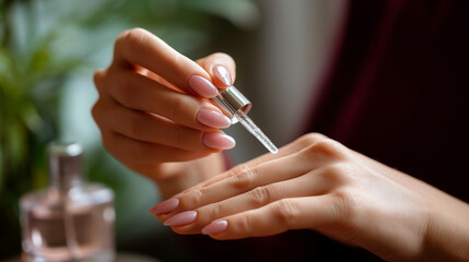 Hands performing nail care procedure with artificial extensions beauty treatment cosmetic application personal grooming self care routine manicure process aesthetic