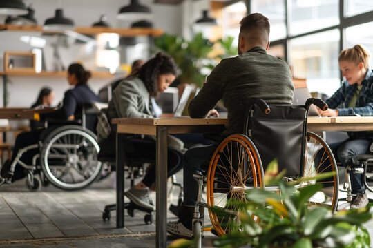 A man in a wheelchair sits at a desk with a laptop