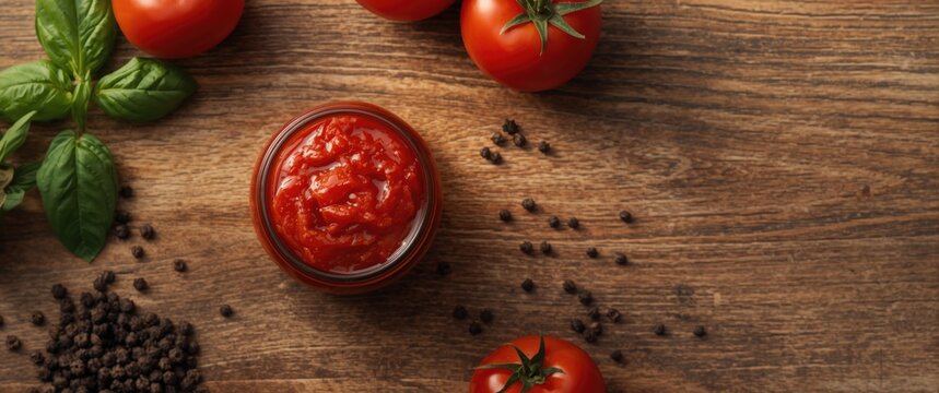Flat lay of tasty tomato paste in jar and ingredients on wooden surface