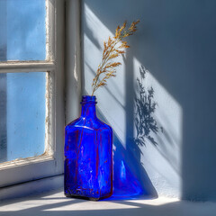 Blue Bottle Still Life Sunlight and Shadow on a Window Sill.