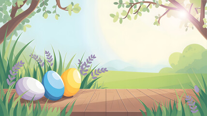 Easter eggs in a spring garden scene